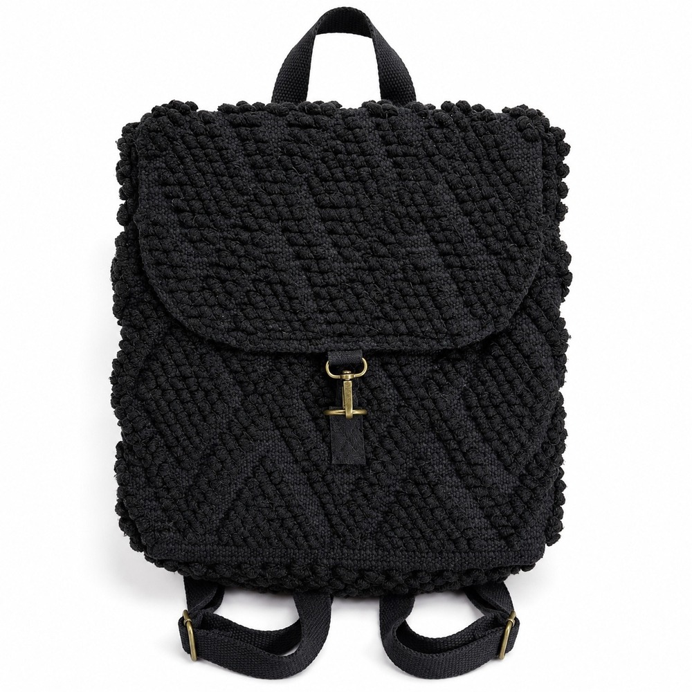 Panache Apparel Black Popcorn Knit Diamond Pattern Backpack Brass Clasp Bag‎